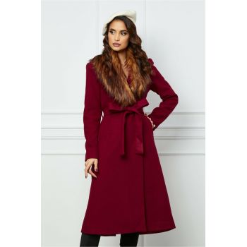 Palton Dy Fashion lung bordo cu blanita si cordon in talie