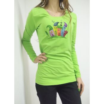 Bluza verde electric ,cu blocuri colorate si pisicuta