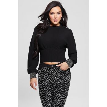 Pulover crop cu aplicatii cu strasuri