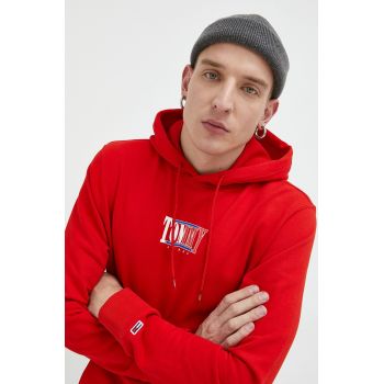 Tommy Jeans hanorac de bumbac barbati, culoarea rosu, cu imprimeu