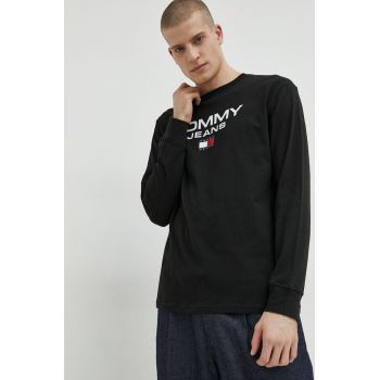 Tommy Jeans longsleeve din bumbac culoarea negru, cu imprimeu