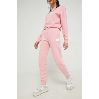 HUGO pantaloni de trening din bumbac femei, culoarea roz, neted