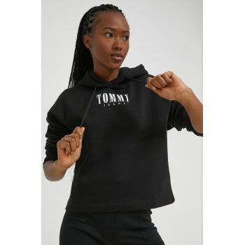 Tommy Jeans bluza femei, culoarea negru, cu glugă, cu imprimeu
