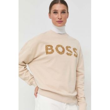 BOSS bluza femei, culoarea bej, cu imprimeu