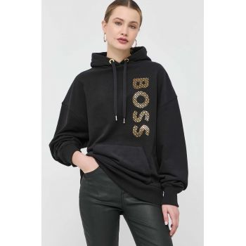 BOSS bluza femei, culoarea negru, cu glugă, cu imprimeu