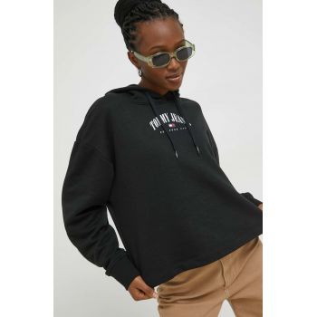 Tommy Jeans bluza femei, culoarea negru, cu glugă, cu imprimeu