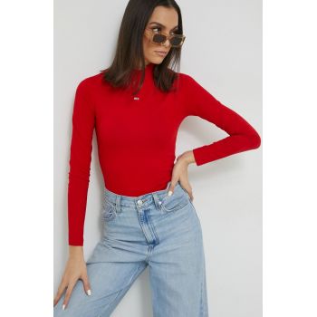 Tommy Jeans body femei, culoarea rosu, cu turtleneck