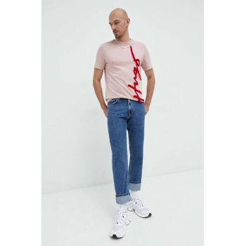 HUGO tricou din bumbac culoarea roz, cu imprimeu