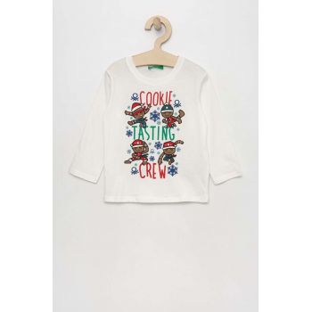 United Colors of Benetton longsleeve din bumbac pentru copii culoarea alb, cu imprimeu