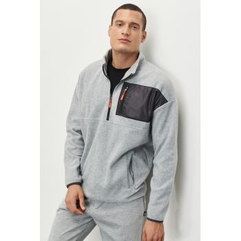 Bluza sport din fleece cu fermoar scurt si maneci cazute