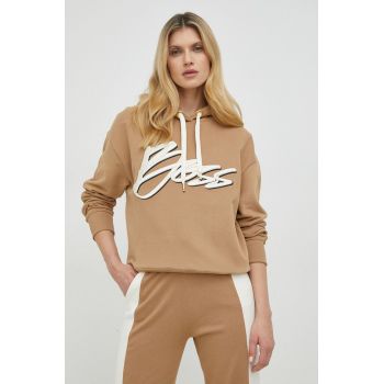 BOSS bluza femei, culoarea bej, cu glugă, cu imprimeu