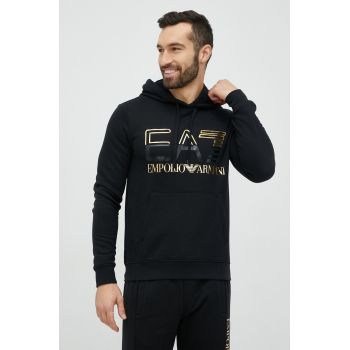 EA7 Emporio Armani bluza barbati, culoarea negru, cu glugă, cu imprimeu