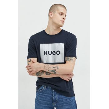 HUGO tricou din bumbac culoarea albastru marin, cu imprimeu