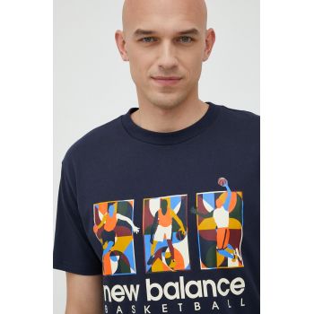 New Balance tricou din bumbac culoarea albastru marin, cu imprimeu