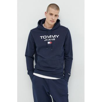 Tommy Jeans hanorac de bumbac barbati, culoarea albastru marin, cu glugă, cu imprimeu