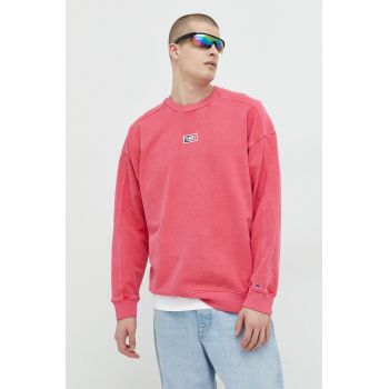 Tommy Jeans hanorac de bumbac barbati, culoarea roz, cu imprimeu ieftin