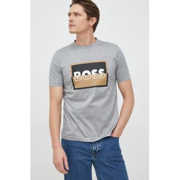 BOSS tricou din bumbac culoarea gri, cu imprimeu