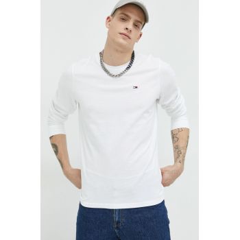 Tommy Jeans longsleeve din bumbac culoarea alb, neted