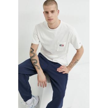 Tommy Jeans tricou din bumbac culoarea bej, cu imprimeu