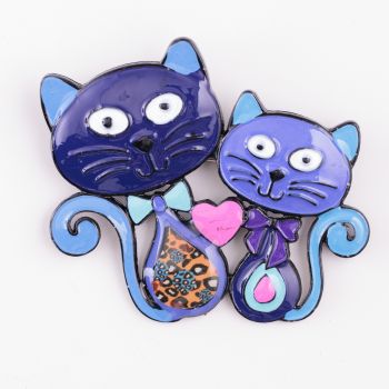 Brosa metalica neagra cu doua pisicute albastru si mov