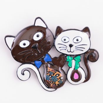 Brosa metalica neagra cu doua pisicute, maro si alb