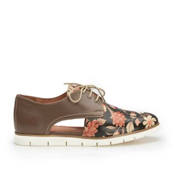 Pantofi casual dama, perforati din piele naturala,Leofex - 022 taupe floral la reducere