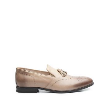 Pantofi eleganti barbati din piele naturala cu ciucuri, Leofex - 899 Taupe Box