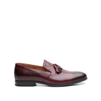 Pantofi eleganti barbati din piele naturala cu ciucuri, Leofex- 899 Visiniu Box ieftin