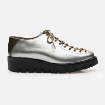 Pantofi casual dama cu siret pana in varf din piele naturala, Leofex- 194 Argintiu Box Lac de firma originala