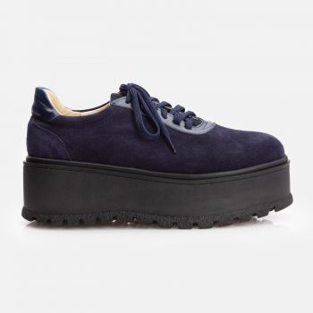 Pantofi casual damă cu talpă groasă din piele naturală - 201 Blue Box + Velur ieftina