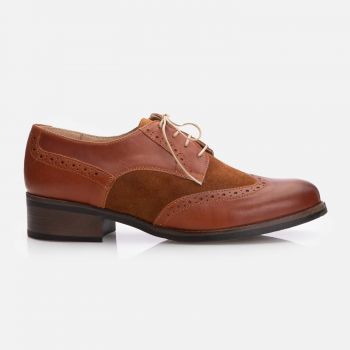 Pantofi casual dama, Oxford din piele naturala, Leofex - 012 Cognac inchis Box Velur
