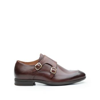 Pantofi eleganți bărbați cu catarame din piele naturală, Leofex - 576-1 Vişiniu Box de firma originali