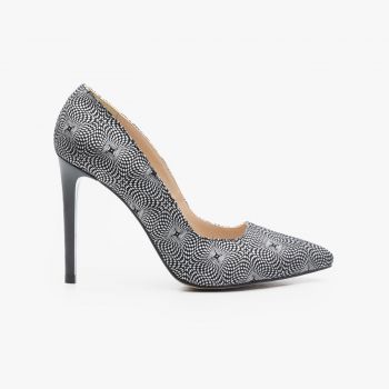 Pantofi stiletto dama din piele naturala - 177 Negru + Argintiu Velur de firma originali