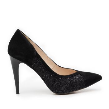 Pantofi stiletto dama din piele naturala - 597-14 negru velur la reducere
