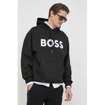 BOSS hanorac de bumbac barbati, culoarea negru, cu glugă, cu imprimeu