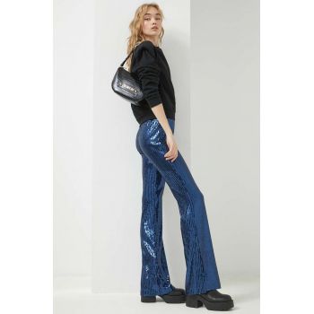 HUGO pantaloni femei, culoarea albastru marin, lat, high waist