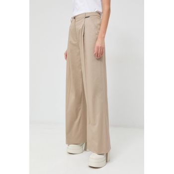 Karl Lagerfeld pantaloni femei, culoarea bej, lat, high waist
