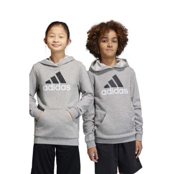 Adidas bluza copii culoarea gri, cu glugă, cu imprimeu de firma original