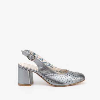 Pantofi casual cu toc damă, perforați și decupați la spate din piele naturală, Leofex - 480 Antracite Box Sidef ieftini