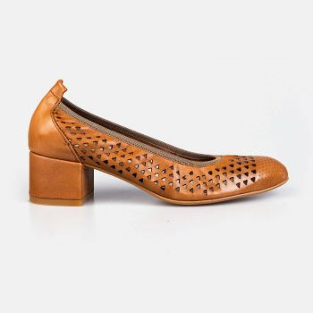 Pantofi casual perforaţi cu toc damă din piele naturală, Leofex – 032 Camel Box