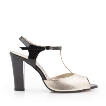 Sandale elegante damă cu toc din piele naturală - 25721 Auriu+Negru Box la reducere
