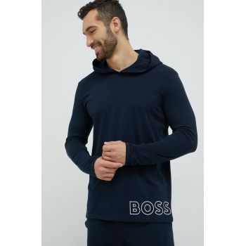 BOSS bluză lounge barbati, culoarea albastru marin, cu glugă, cu imprimeu