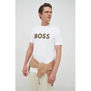 BOSS tricou din bumbac culoarea alb, cu imprimeu