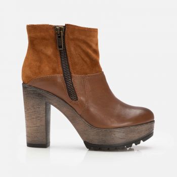 Botine cu toc damă din piele naturală, Leofex – 412 Maro Box + Velur