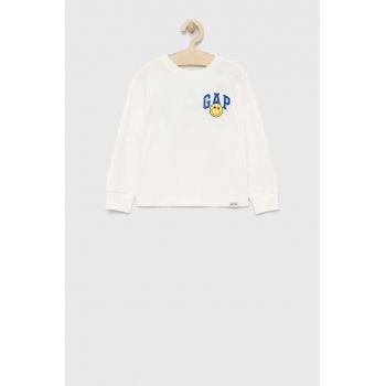 GAP longsleeve din bumbac pentru copii X Smiley culoarea alb, cu imprimeu