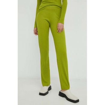 Résumé pantaloni de lana femei, culoarea verde, drept, high waist