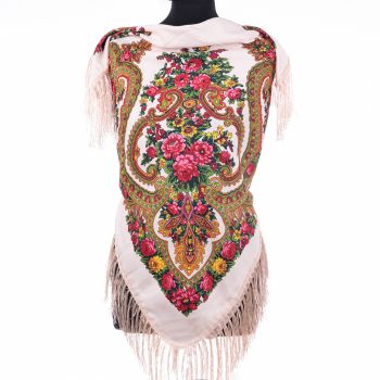 Esarfa gipsy patrata mare, tip Pavlovo Posad cu imprimeu floral traditional pe fond ivory de firma originala