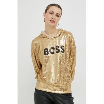 BOSS bluza femei, culoarea auriu, cu glugă, cu imprimeu