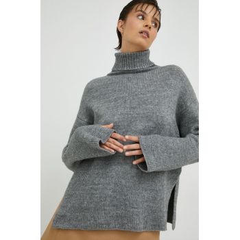 Herskind pulover din amestec de lana femei, culoarea gri, cu guler