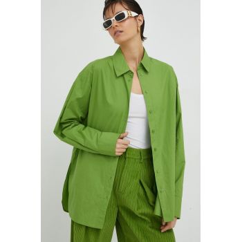 Gestuz camasa din bumbac IsolGZ femei, culoarea verde, cu guler clasic, relaxed de firma originala